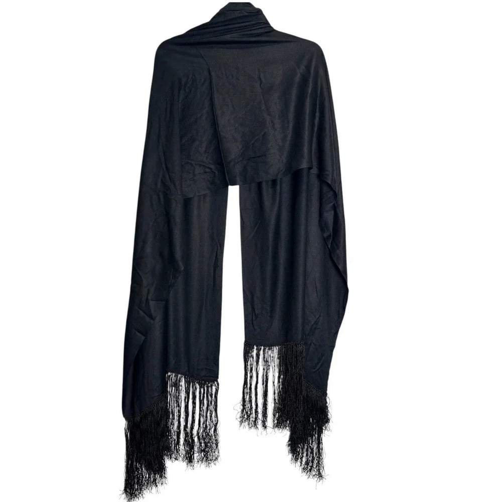 Shawl Wrap Women OS Black Fringe Trim Lightweight Evening Scarf